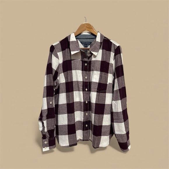 Tommy Hilfiger Tops - NWT Tommy Hilfiger Burgundy and White Checkered Shirt L MSRP 69.50